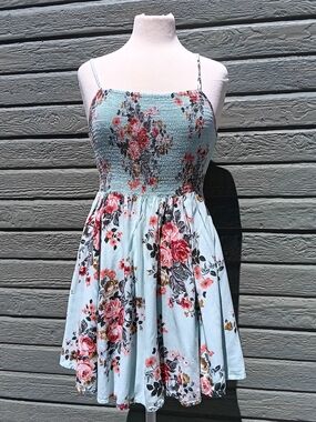 Nostalgia Mint Floral Smocked Top Dress with Coral and Pink Floral Accents